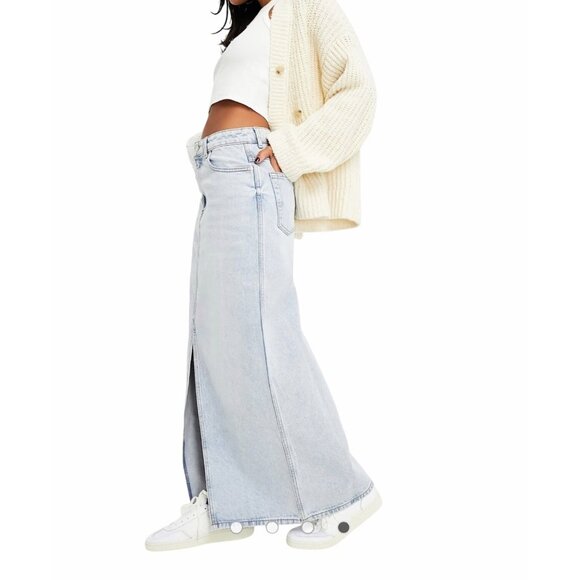 Mango MNG Womens Light Wash Denim Maxi Skirt S-Front Slit High Waist Jean Skirt - Picture 2 of 10
